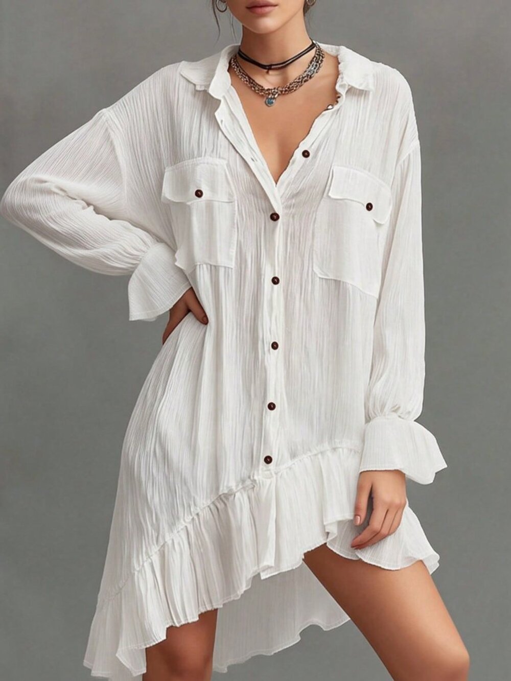 White Casual Women's Front Button Ruffle Hem Dress - Picture 4 of 4